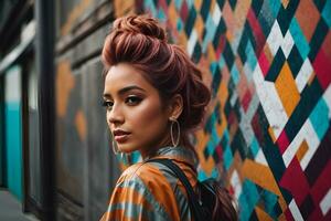 AI generated Hair style street fashion beautiful girl photo