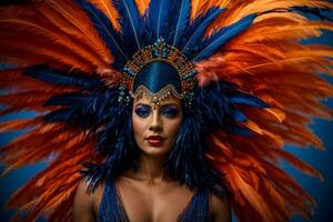 ai generado un mujer en un disfraz con plumas en su cabeza, píxeles, fuerte azul y naranja colores foto