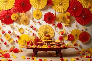 AI generated a table topped with lots of red and yellow paper fans photo