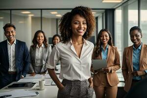 AI generated Smiling confident business leader looking at camera and standing in an office at team meeting photo