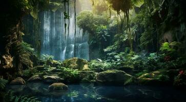 AI generated waterfall in forest, waterfall in the jungle, tropical landscape in the jungle, plants and green trees in the jungle, waterfall with lake in the forest photo