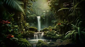 AI generated waterfall in forest, waterfall in the jungle, tropical landscape in the jungle, plants and green trees in the jungle, waterfall with lake in the forest photo