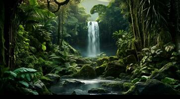 AI generated waterfall in forest, waterfall in the jungle, tropical landscape in the jungle, plants and green trees in the jungle, waterfall with lake in the forest photo