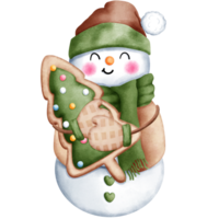 Watercolor christmas illustration of cute snowman in green and brown costume with christmas tree cookie. png