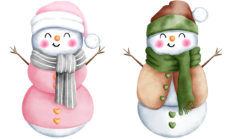 Set of watercolor christmas snowman with winter costume illustration.Cute winter snowman collection. png