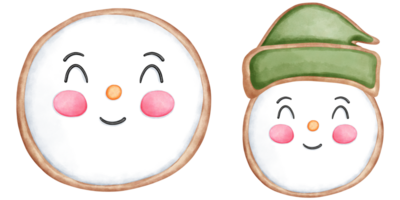 Set of watercolor christmas cookies with snowman and green santa hat illustration. png