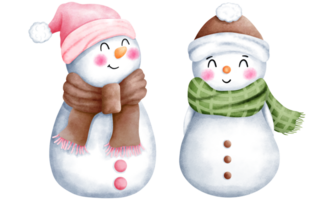 Set of watercolor christmas illustration with cute snowman in colorful santa hat and scarf. Cute winter snowman collection. png