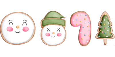 Set of watercolor christmas cookies with snowman,candy cane and christmas tree illustrations. png