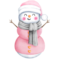 Watercolor christmas illustration of cute snowman with pink and gray costume. png