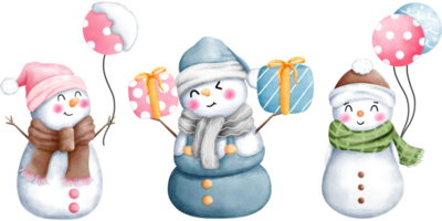 impostato di tre carino acquerello Natale pupazzo di neve nel un' colorato inverno costume con Natale palloncini e regalo scatole illustrazioni. png