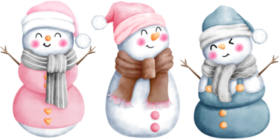 Set of three adorable pink and blue watercolor christmas snowman illustrations with santa hats and scarves. png