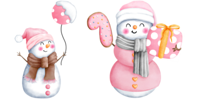 Set of watercolor pink christmas snowman with christmas ornaments illustration. Cute winter snowman collection. png