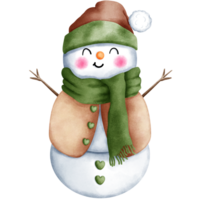 Watercolor christmas illustration of cute snowman with brown and green costume. png
