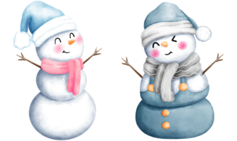 Set of watercolor christmas snowman with blue winter costume illustrations.Cute winter snowman collection. png