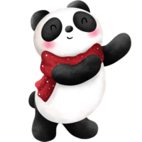 Watercolor cute baby panda with red scarf illustration. Christmas animal decoration clipart. png