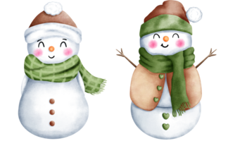 Set of watercolor christmas illustration with cute snowman in colorful santa hat and scarf. Cute winter snowman collection. png