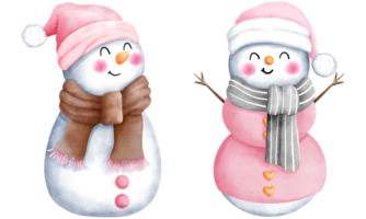 Set of watercolor christmas illustration with cute snowman in colorful santa hat and scarf. png