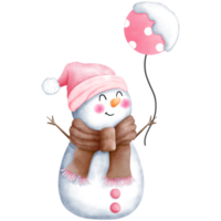 Watercolor christmas illustration of cute snowman in pink santa hat and brown scarf with pink balloon. png