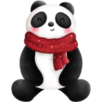 Festive watercolor cute baby panda with red scarf illustration. Christmas animal decoration clipart. png