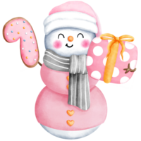 Watercolor christmas illustration of cute snowman in pink santa hat and gray scarf with pink gift boxe and cookie. png