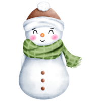 Watercolor christmas clipart of cute snowman with brown santa hat and green scarf. png