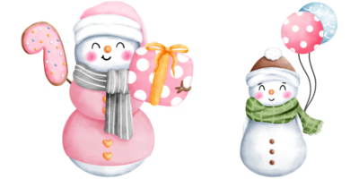Set of watercolor cute christmas snowman with christmas ornaments illustration. Cute winter snowman collection. png