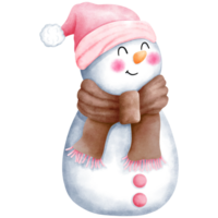 Watercolor christmas clipart of cute snowman with pink santa hat and brown scarf. png