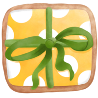 acuarela amarillo regalo caja con verde cinta arco.navidad Galleta clipart. png