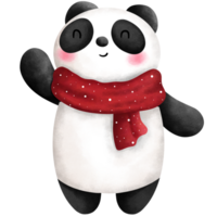 Festive watercolor baby panda illustration with red scarf. Christmas animal clipart. png