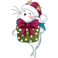 giocoso bambino foca con colorato regalo scatola e rosso Santa cappello.natale animale acquerello illustrazione. png