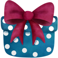 Festive watercolor blue gift box with red ribbon bow. png
