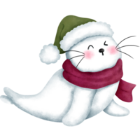 Watercolor baby seal wearing a red scarf and green santa hat.Christmas animal watercolor illustration. png