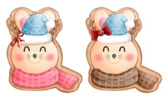 Set of watercolor christmas cookies of little bunny with scarf and blue santa hat clipart. png