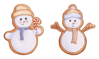 conjunto do aguarela Natal biscoitos do fofa boneco de neve com gorro chapéu, cachecol e doce bengala clipart. png