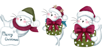 Set of happy baby seals with colorful christmas ornaments and santa hat.Christmas animals watercolor illustration. png