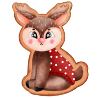 Adorable watercolor christmas cookie with cute little reindeer and red winter clothes. png