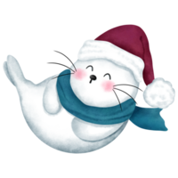 Cheerful baby seal wearing a blue scarf and red santa hat.Christmas animal watercolor illustration. png