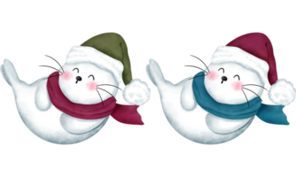 Set of cheerful baby seals wearing a colorful scarf and santa hat.Christmas animals watercolor illustration. png