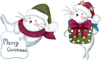 conjunto do alegre bebê selos com colorida Natal enfeites e santa chapéu.natal animais aguarela ilustração. png