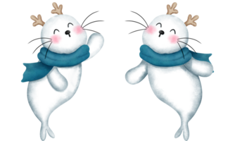 Set of happy baby seals wearing a blue scarf and antlers.Christmas animals illustrations. png