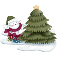 Whimsical watercolor baby seal with christmas gifts and pine tree on ice floes. png