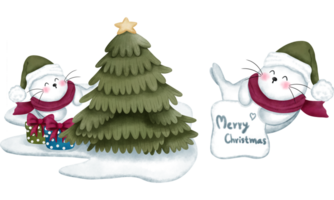 Set of whimsical watercolor baby seals with christmas gifts and pine tree on ice floes. png