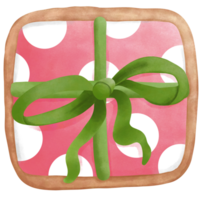 Watercolor pink gift box with green ribbon bow.Christmas cookie clipart. png