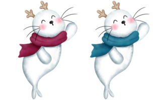 Set of cute baby seals wearing a scarf and antlers.Christmas animals watercolor illustrations. png