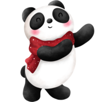 Watercolor cute baby panda with red scarf illustration. Christmas animal decoration clipart. png