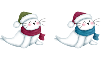Set of adorable baby seals wearing a colorful scarf and santa hat.Christmas animals watercolor illustration. png