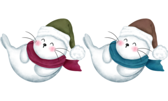 Set of playful baby seals wearing a colorful scarf and santa hat.Christmas animals watercolor illustration. png