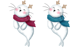 Set of adorable baby seals wearing a scarf and antlers.Christmas animals watercolor illustrations. png