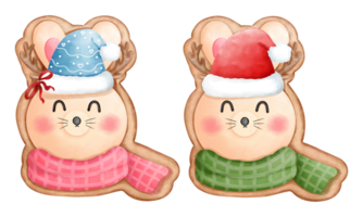 Set of watercolor christmas cookies of cute little bunny with scarf and santa hat clipart.Christmas cookie clipart. png