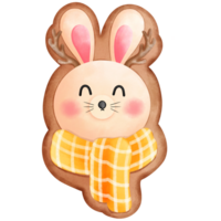 Watercolor animal head cookie of cute little bunny with antlers and yellow scarf clipart. png